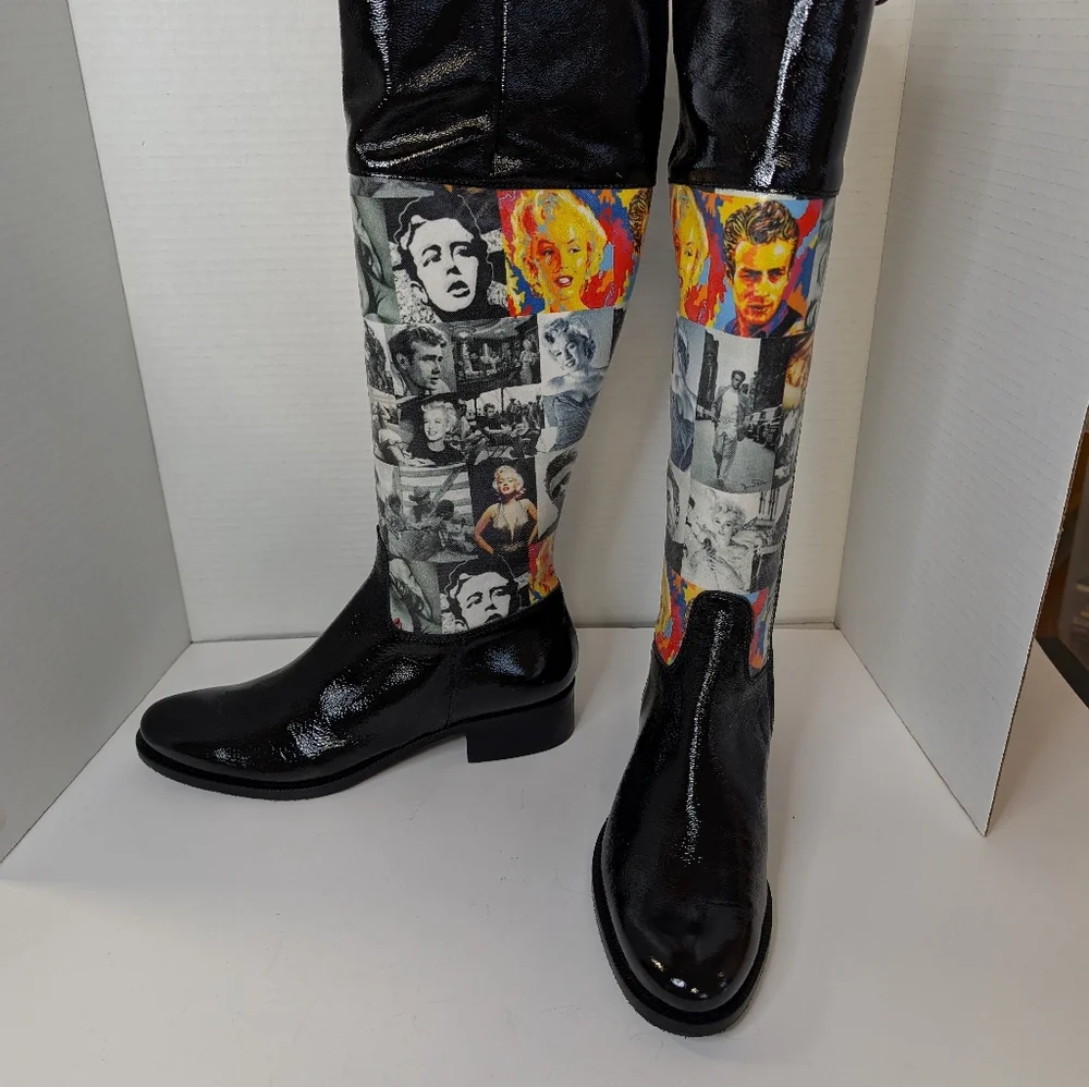 Rain Boots Side Zipper   Never Worn Hollywood Newsprint Size 7